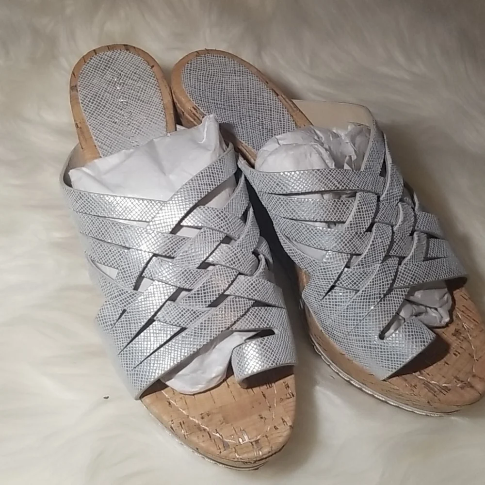 Donald J. Pliner Silver Leather Cork Wedge Sandals